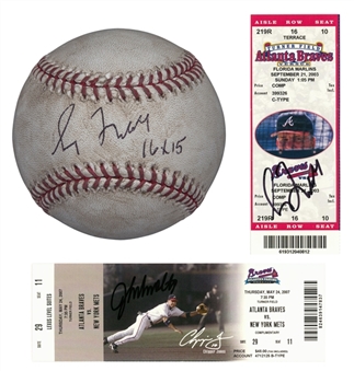 Lot of (3) 2003 Greg Maddux Game Used & Signed Baseball From Sept 21, 2003 Breaking CY Youngs Record With Signed Game Ticket & Smoltz 200 Win Ticket (MLB Authenticated & Beckett)